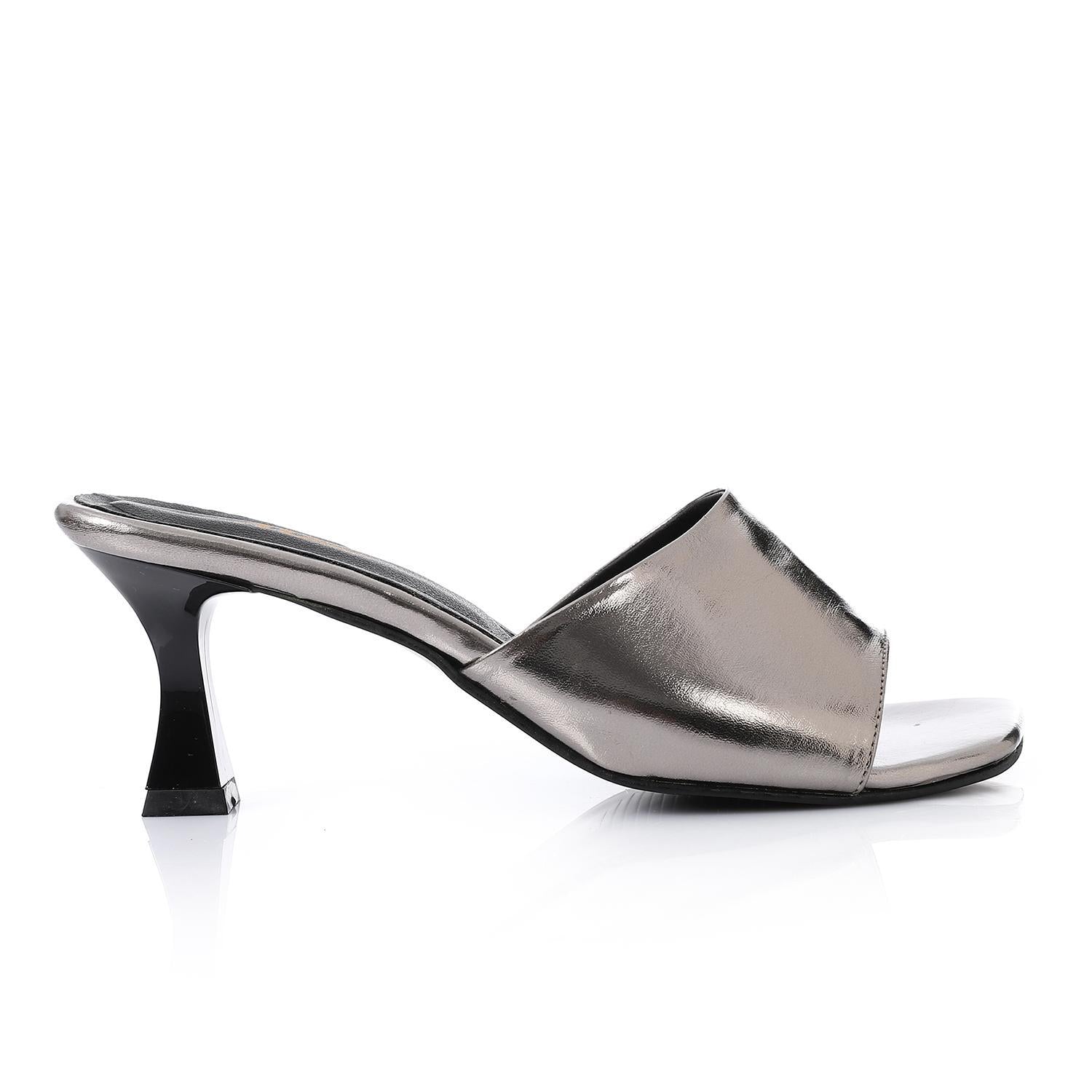 Women's High Heel Mule Sandals – Square Open Toe, Faux Leather, Slip-On Design.