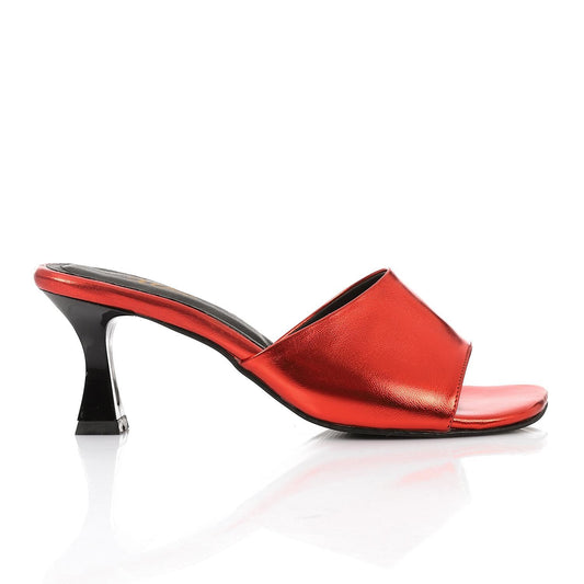 Women's High Heel Mule Sandals – Square Open Toe, Faux Leather, Slip-On Design.