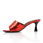 Women's High Heel Mule Sandals – Square Open Toe, Faux Leather, Slip-On Design.