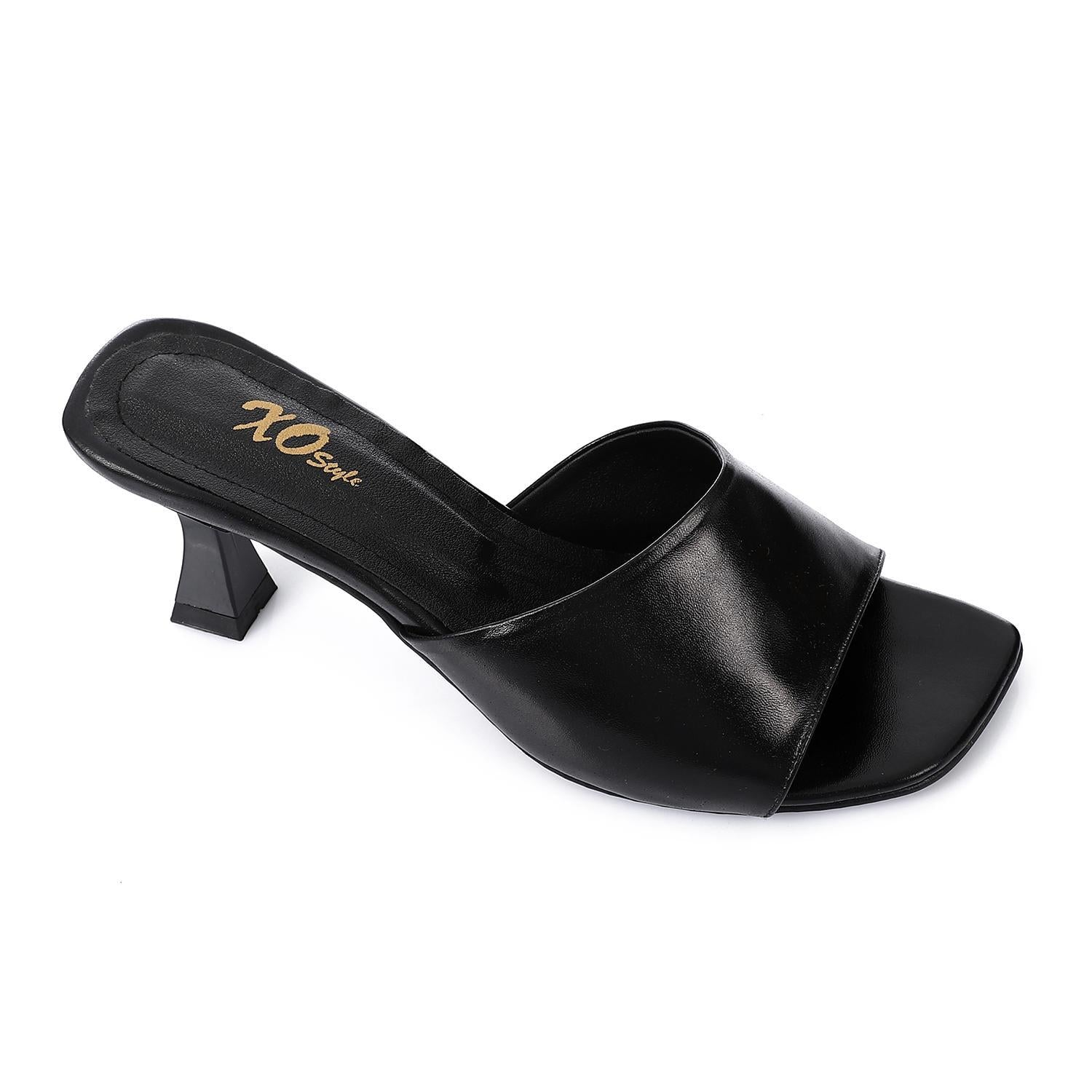 Women's High Heel Mule Sandals – Square Open Toe, Faux Leather, Slip-On Design.