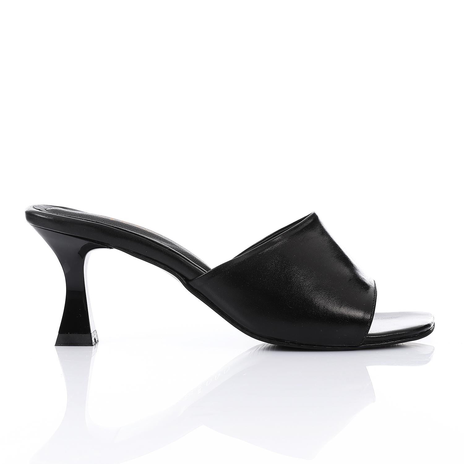Women's High Heel Mule Sandals – Square Open Toe, Faux Leather, Slip-On Design.