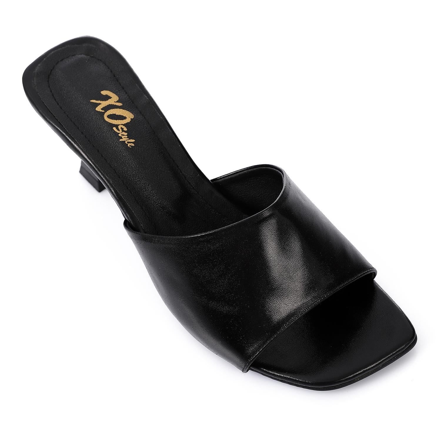 Women's High Heel Mule Sandals – Square Open Toe, Faux Leather, Slip-On Design.