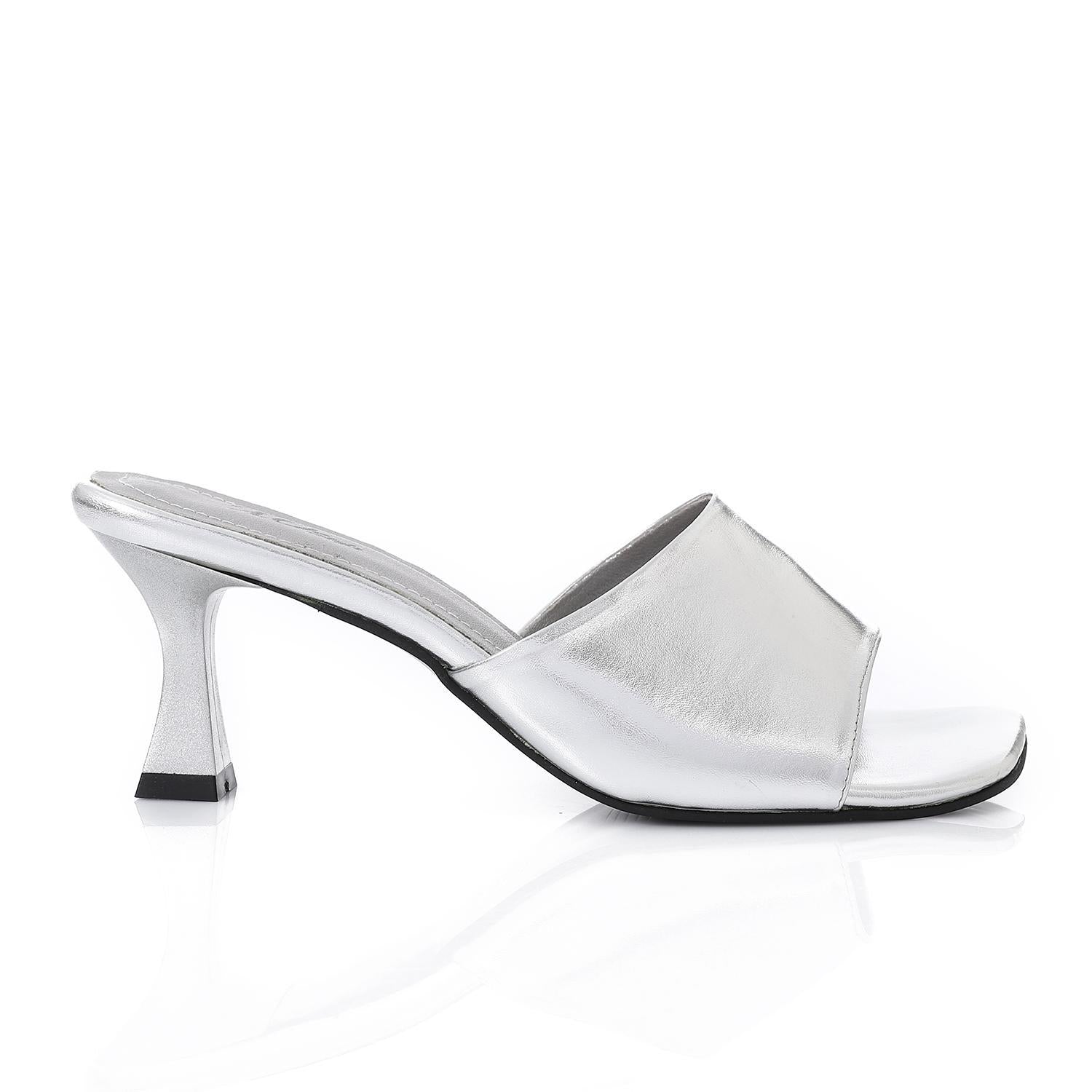Women's High Heel Mule Sandals – Square Open Toe, Faux Leather, Slip-On Design.