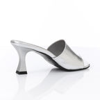 Women's High Heel Mule Sandals – Square Open Toe, Faux Leather, Slip-On Design.