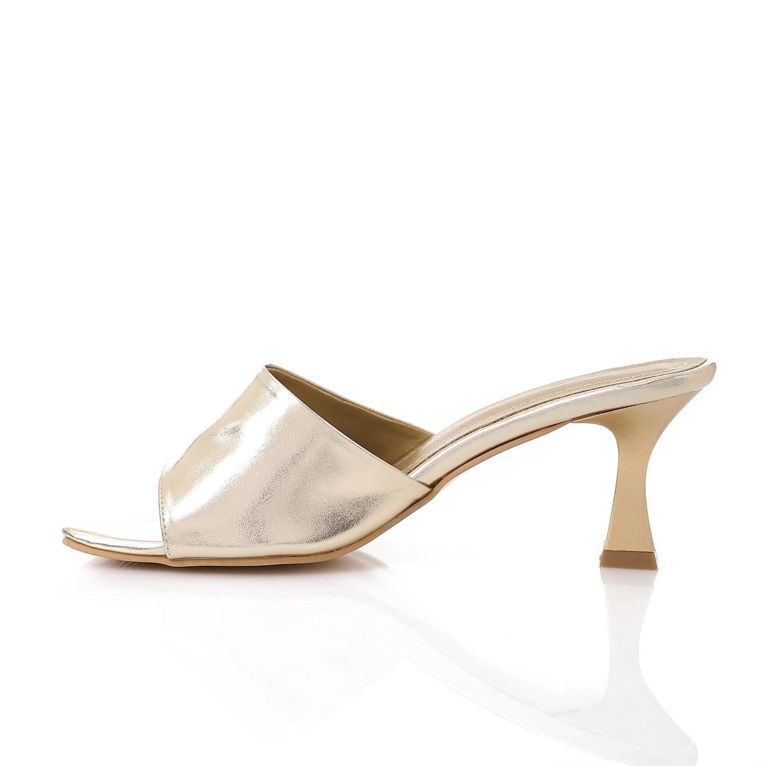 Women's High Heel Mule Sandals – Square Open Toe, Faux Leather, Slip-On Design.