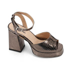 Women's Block Heel Metallic Sandals - Croc Pattern - Silver
