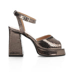Women's Block Heel Metallic Sandals - Croc Pattern - Silver