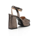 Women's Block Heel Metallic Sandals - Croc Pattern - Silver