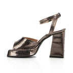 Women's Block Heel Metallic Sandals - Croc Pattern - Silver