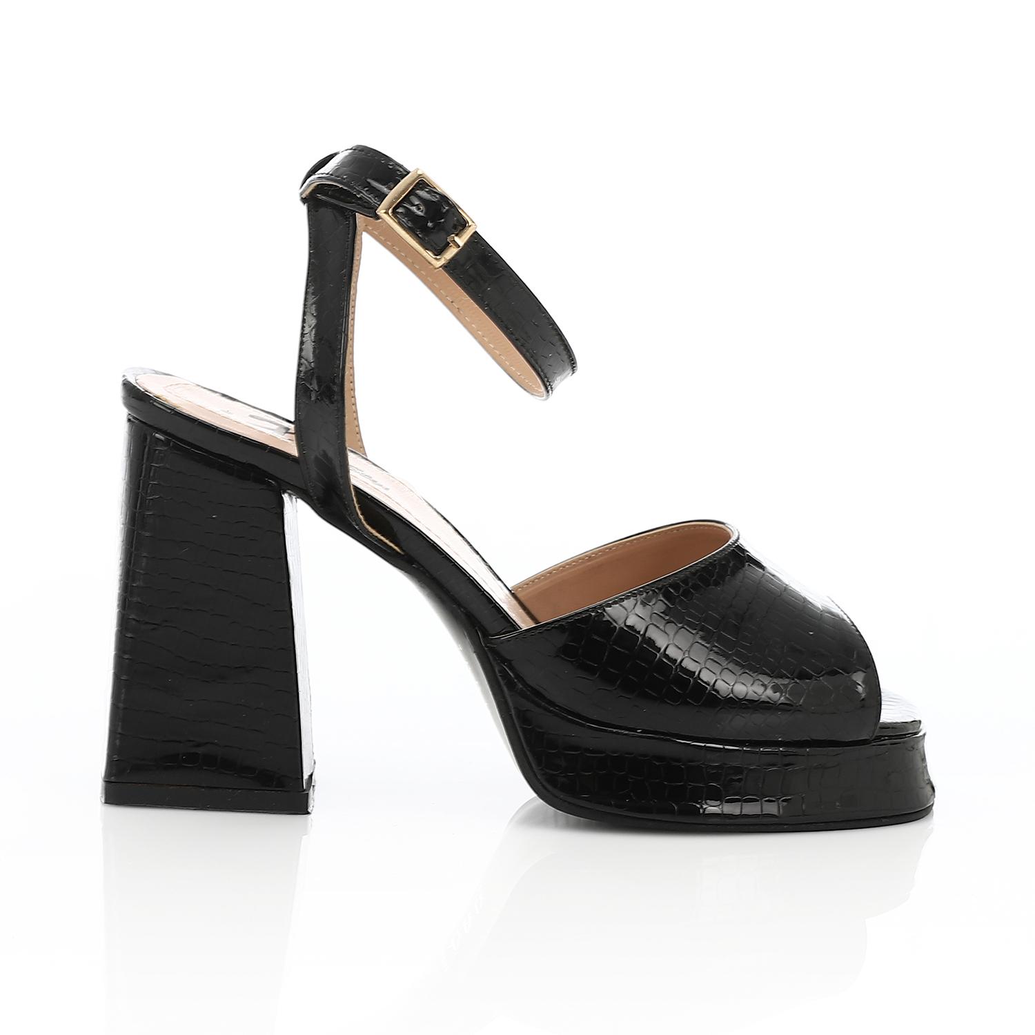 Women's Block Heel Metallic Sandals - Croc Pattern - Silver