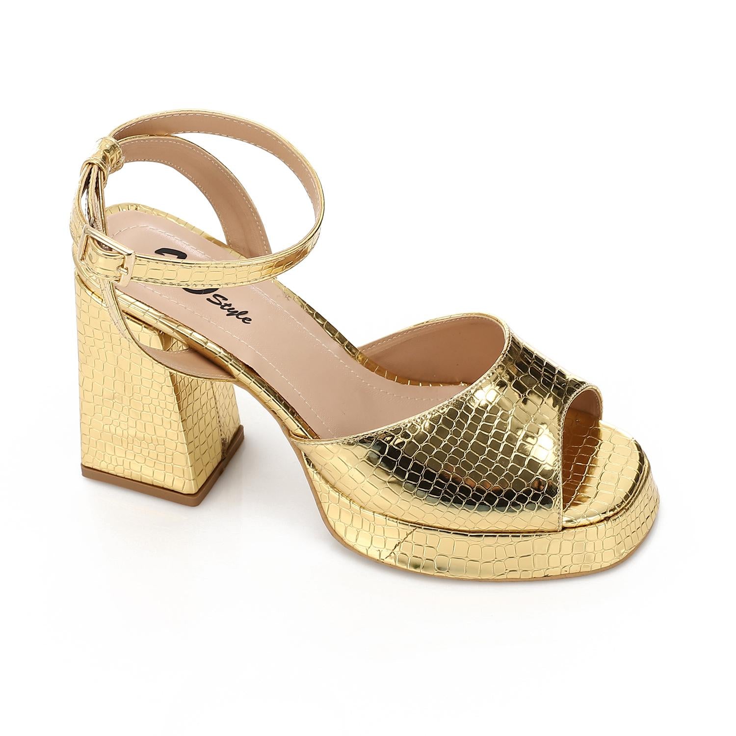 Women's Block Heel Metallic Sandals - Croc Pattern - Silver