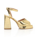 Women's Block Heel Metallic Sandals - Croc Pattern - Silver