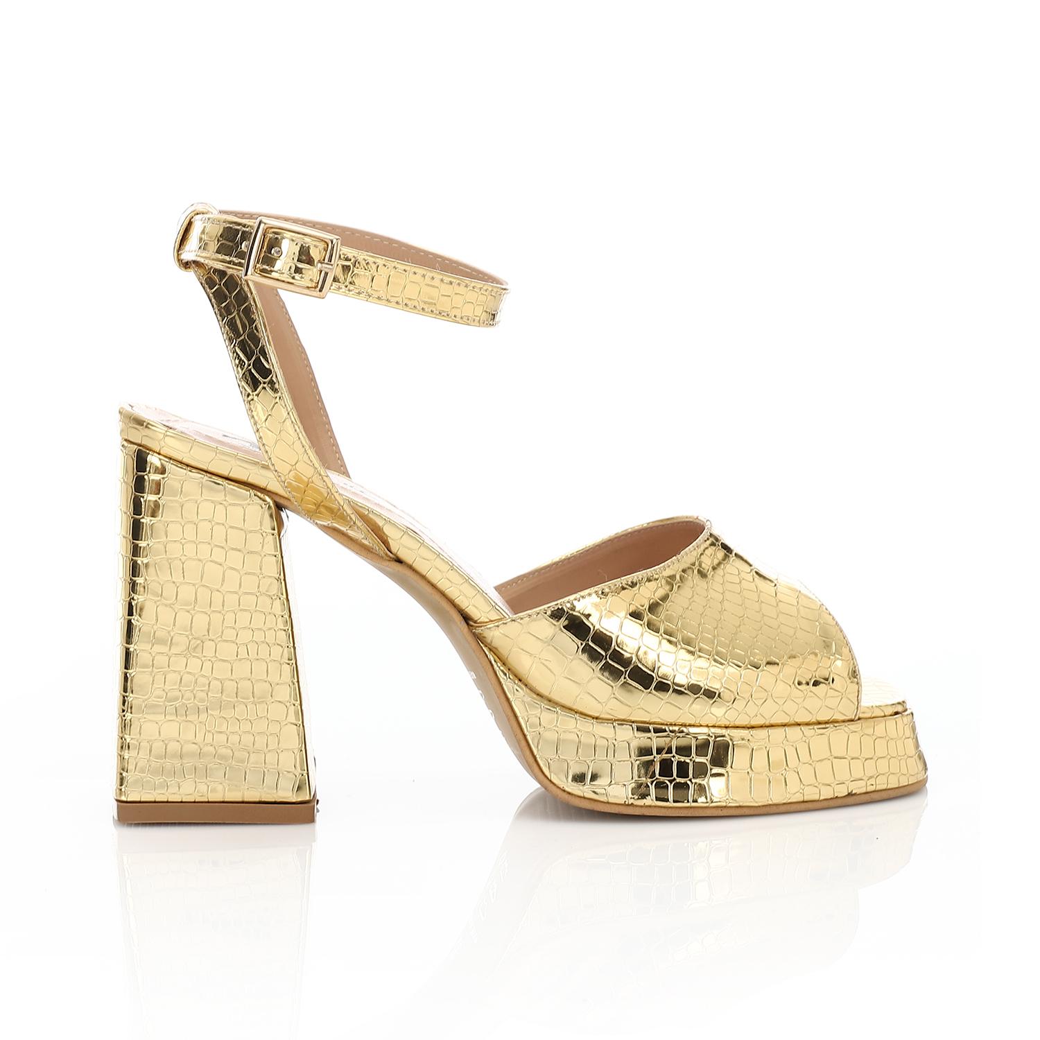 Women's Block Heel Metallic Sandals - Croc Pattern - Silver