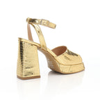 Women's Block Heel Metallic Sandals - Croc Pattern - Silver