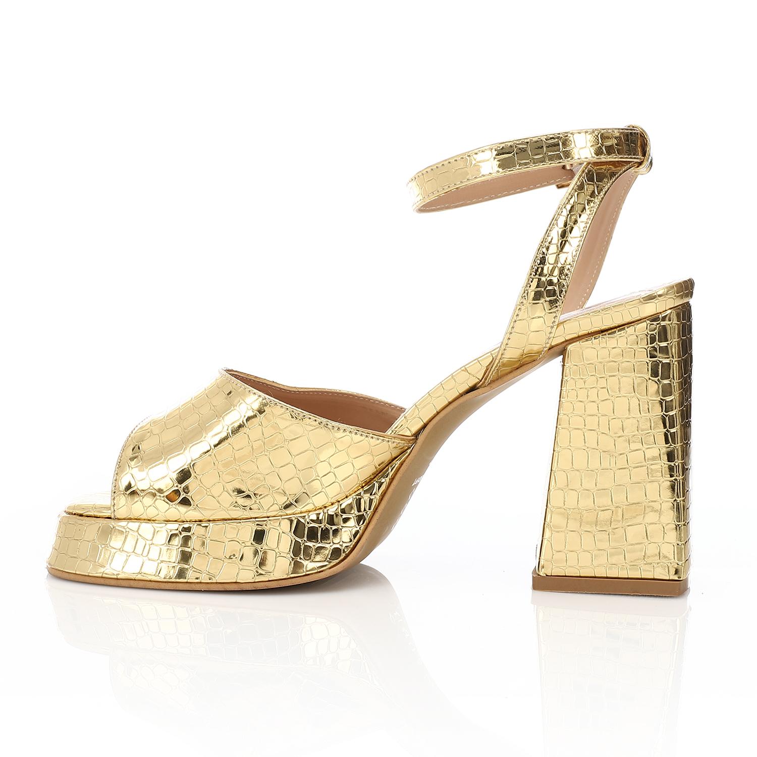 Women's Block Heel Metallic Sandals - Croc Pattern - Silver